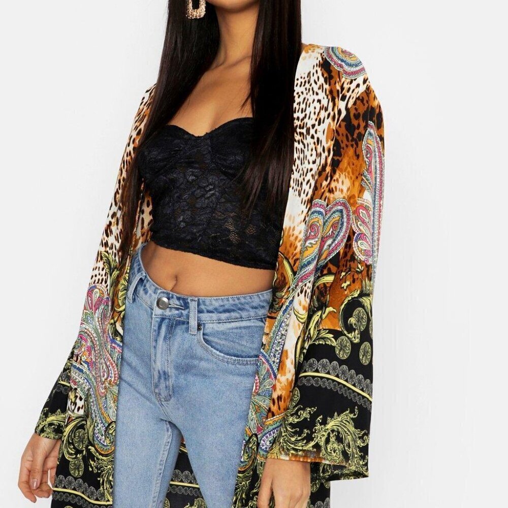 New Boohoo Beautiful Animal Print & Paisley Kimono sz medium